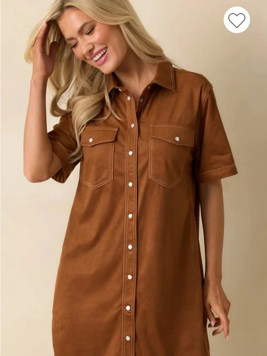 THML Brown Western faux Suede Dress medium cowgirl pearl snap - Picture 2 of 12